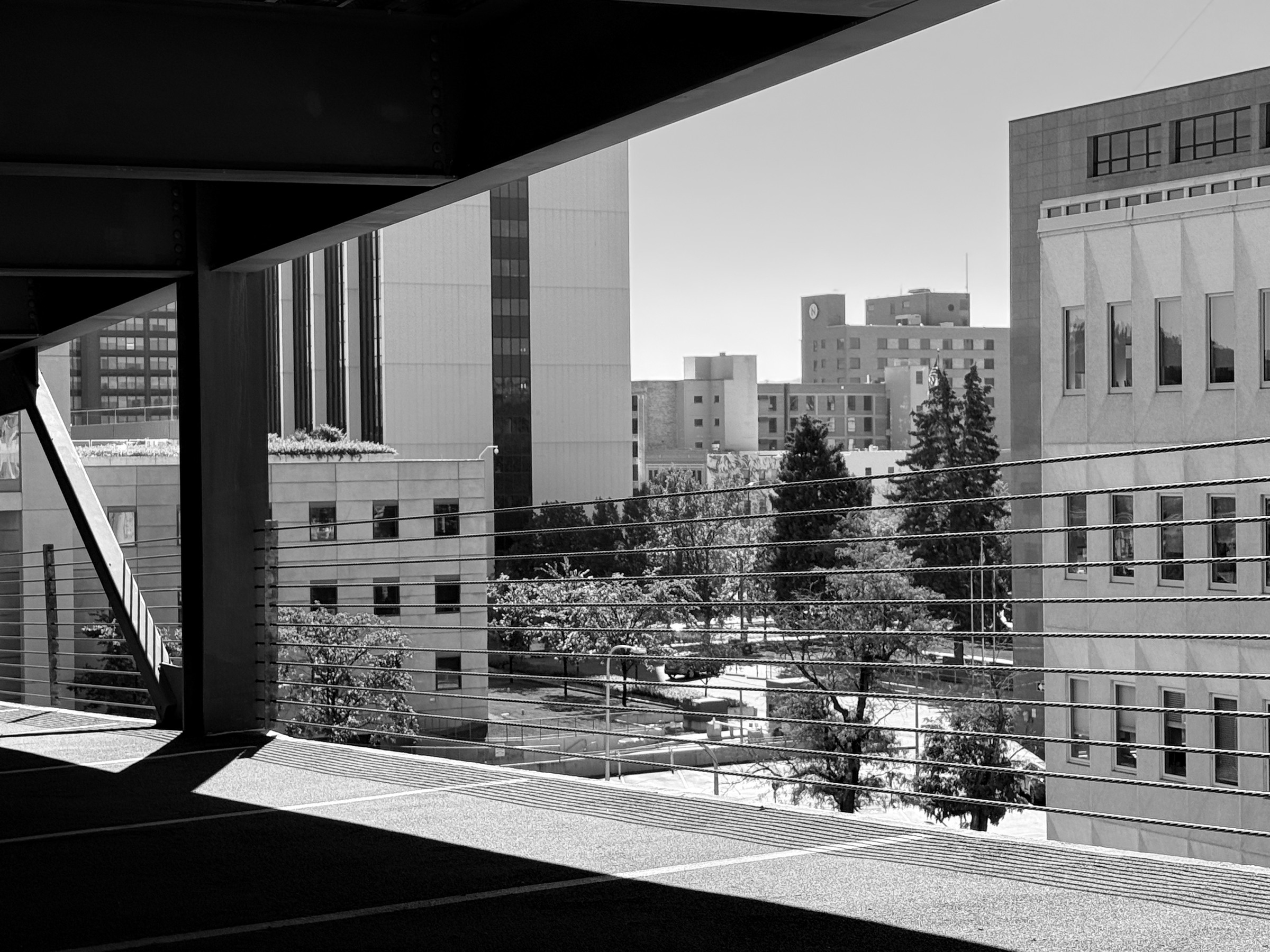 Downtown Billings viewed through the garage cable railing